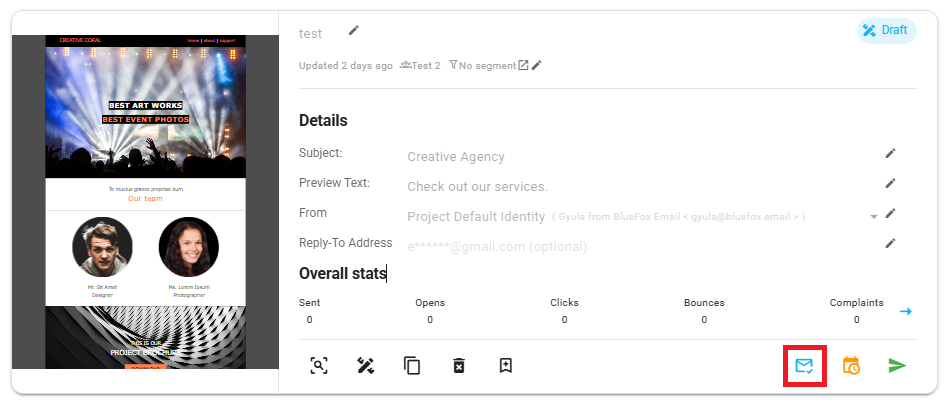 A screenshot of an email card with the send test button highlighted.