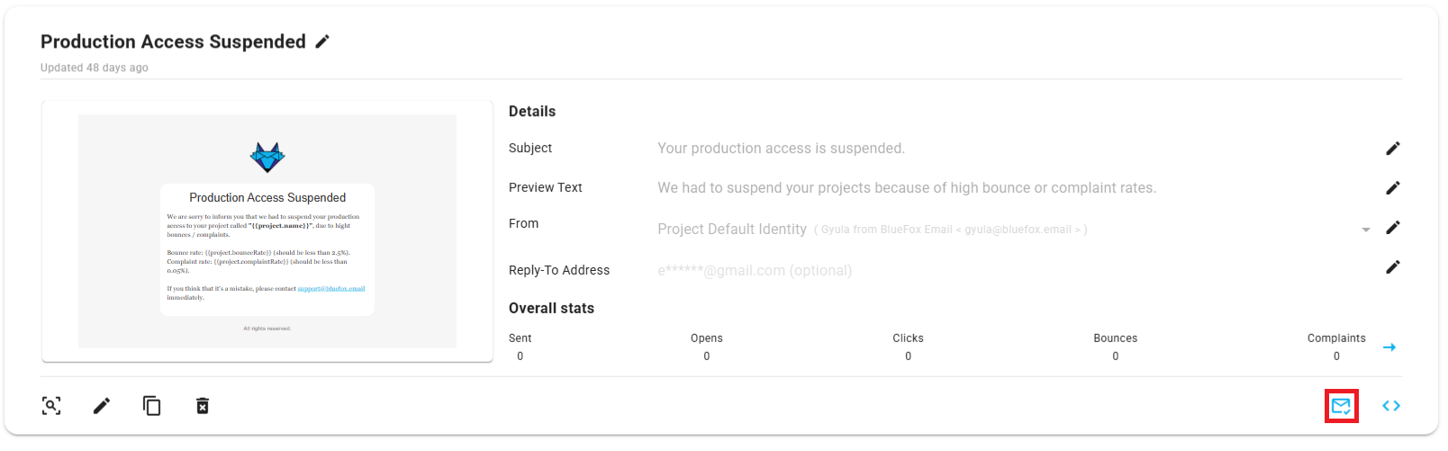 A screenshot of an email card with the send test button highlighted.