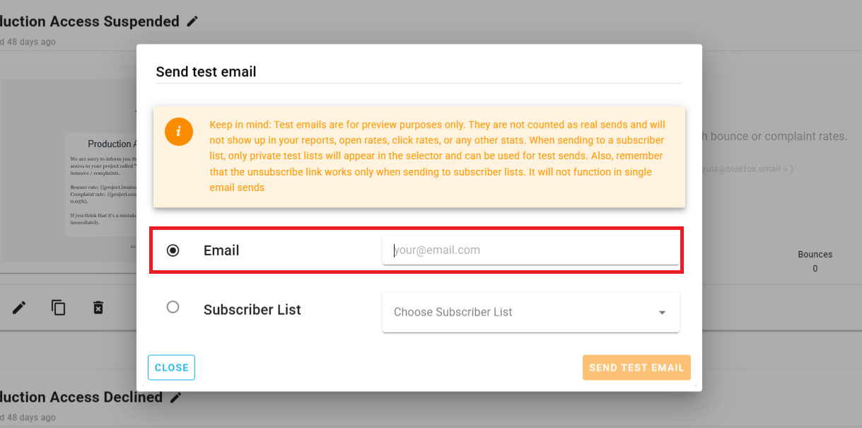 A screenshot of the send test email dialog for individual contact.