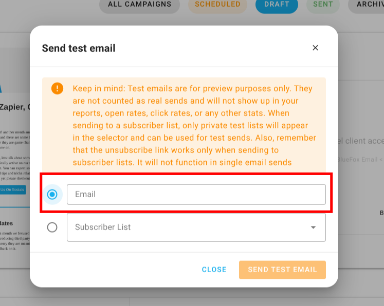 A screenshot of the send test email dialog for individual contact.