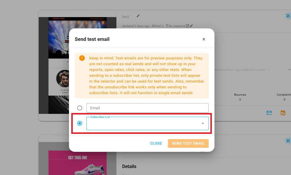 A screenshot of the send test email dialog for subscriber list.
