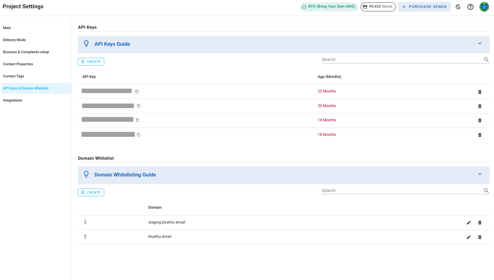 A screenshot of a project settings API keys section.