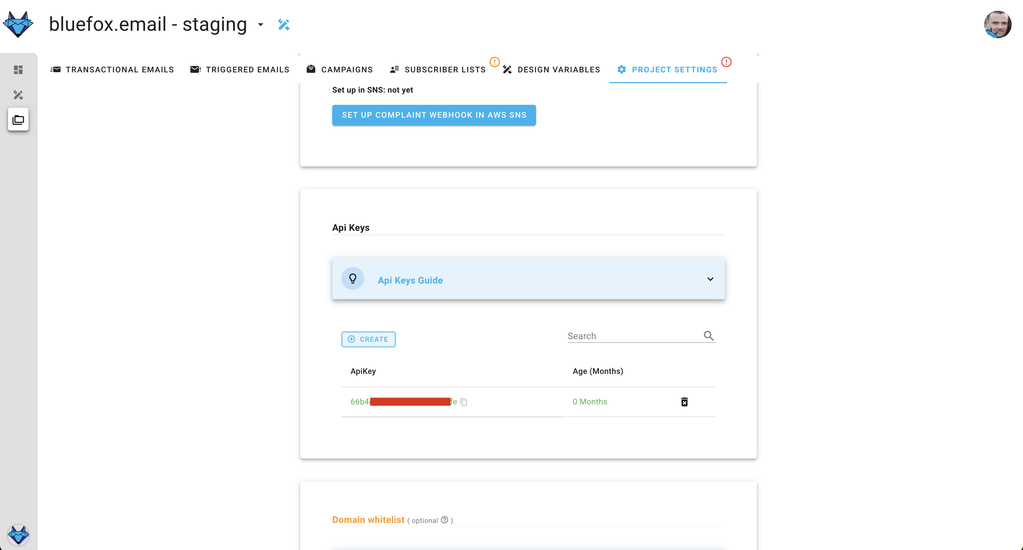 A screenshot of a project settings API keys section.