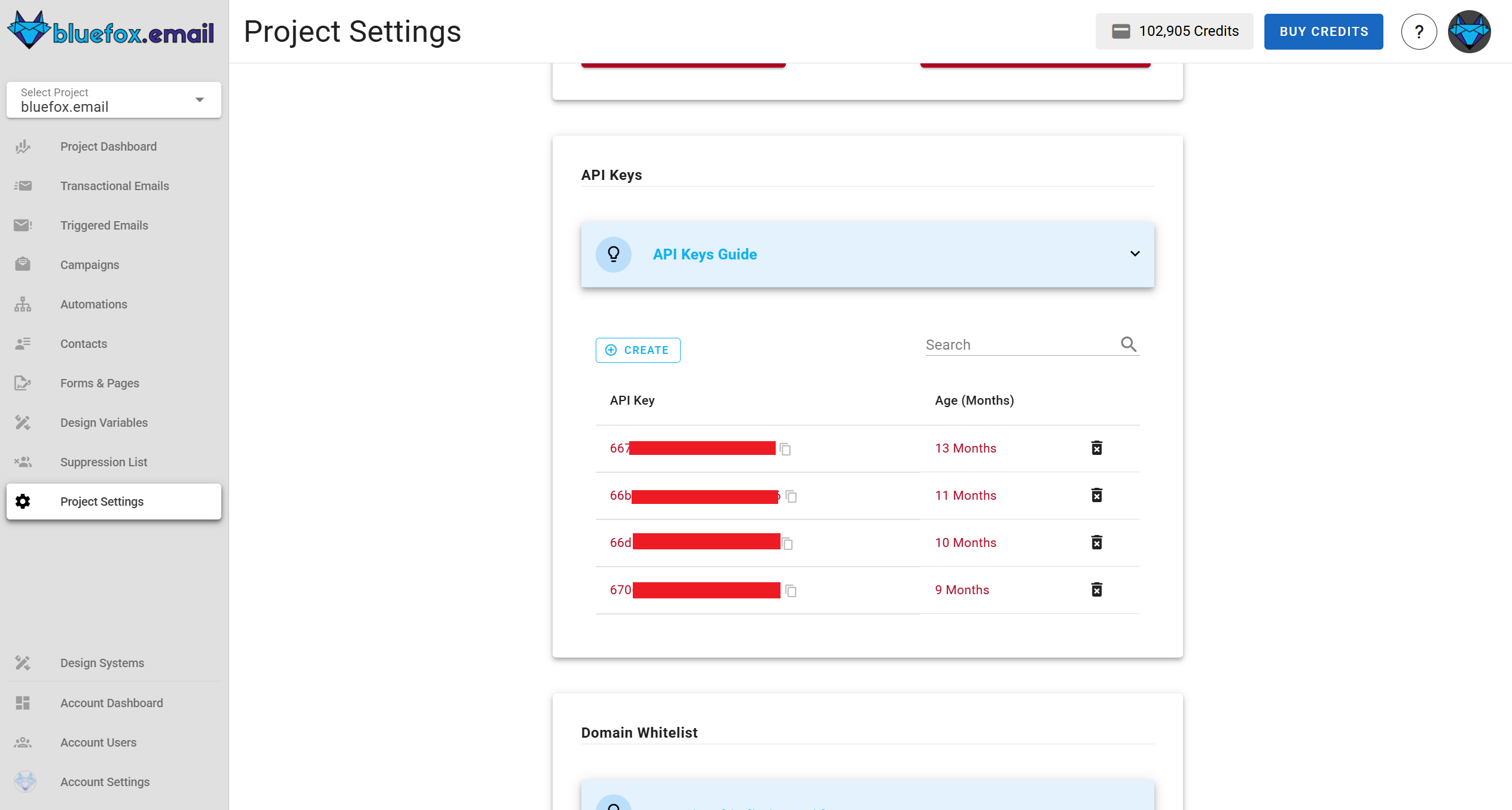 A screenshot of a project settings API keys section.