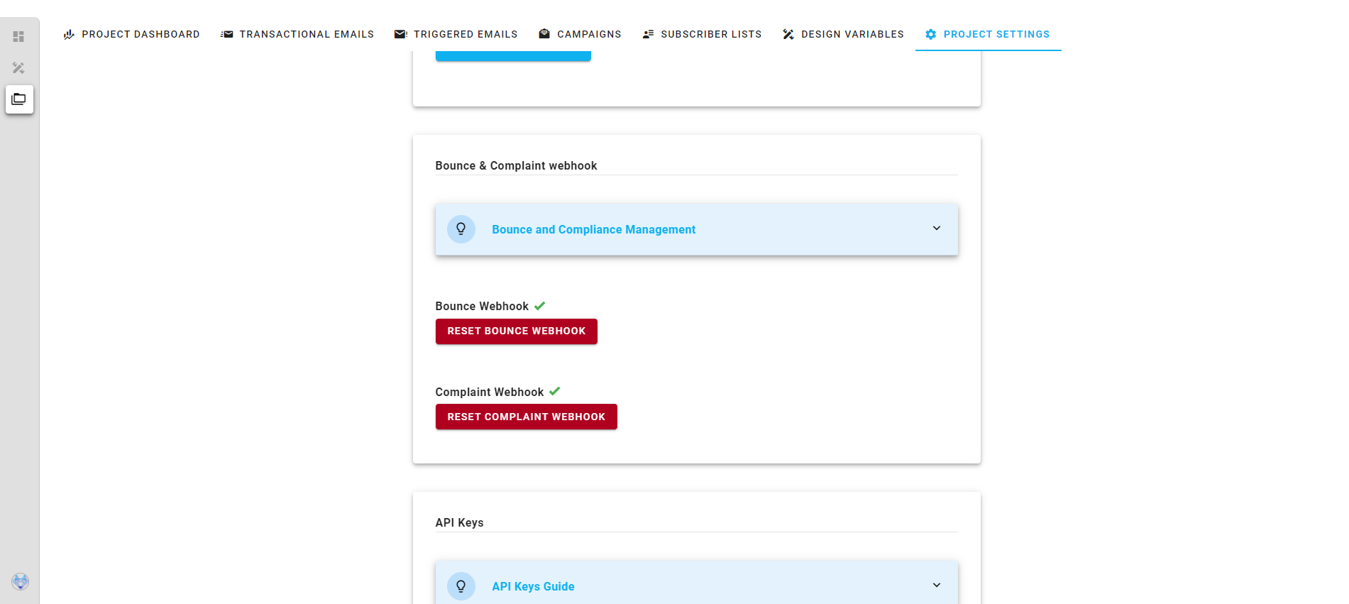 A screenshot of a project settings AWS bounce and complaints section. (Already set up.)