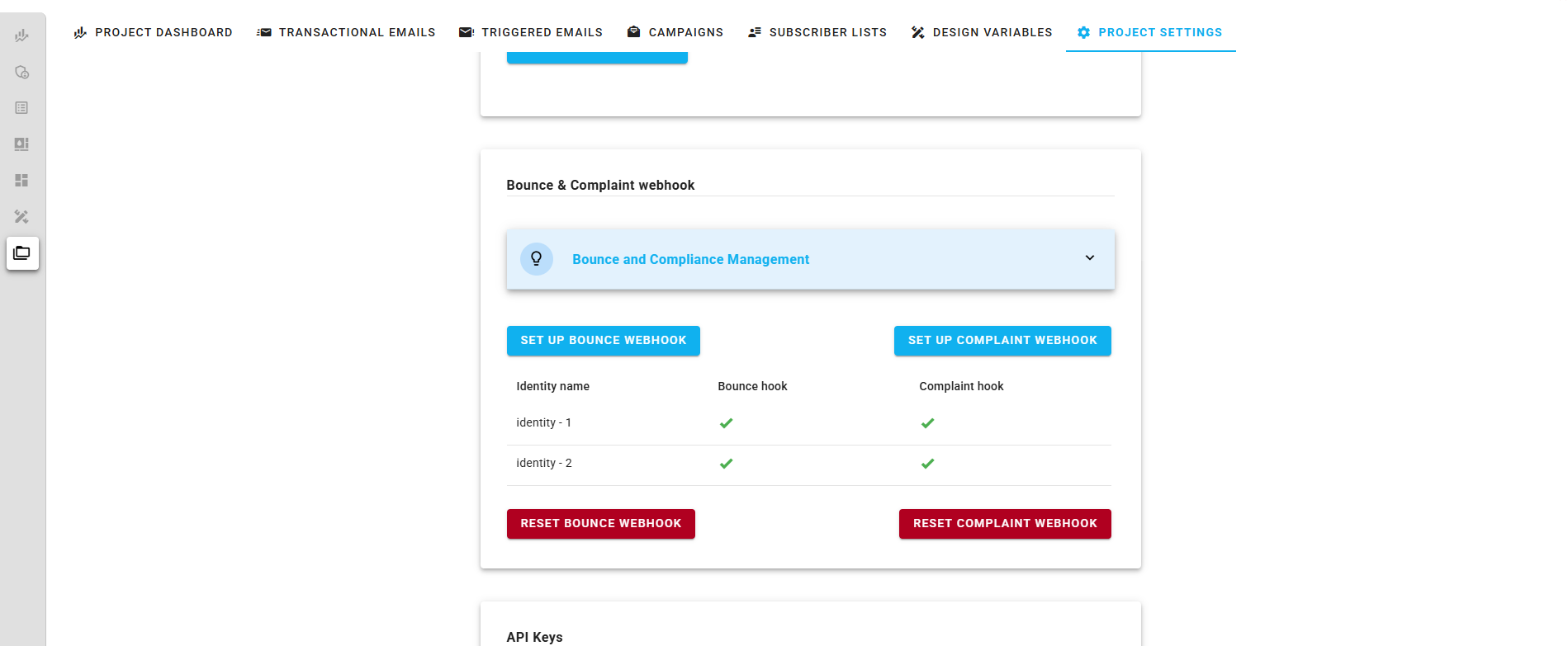 A screenshot of a project settings AWS bounce and complaints section. (Already set up.)