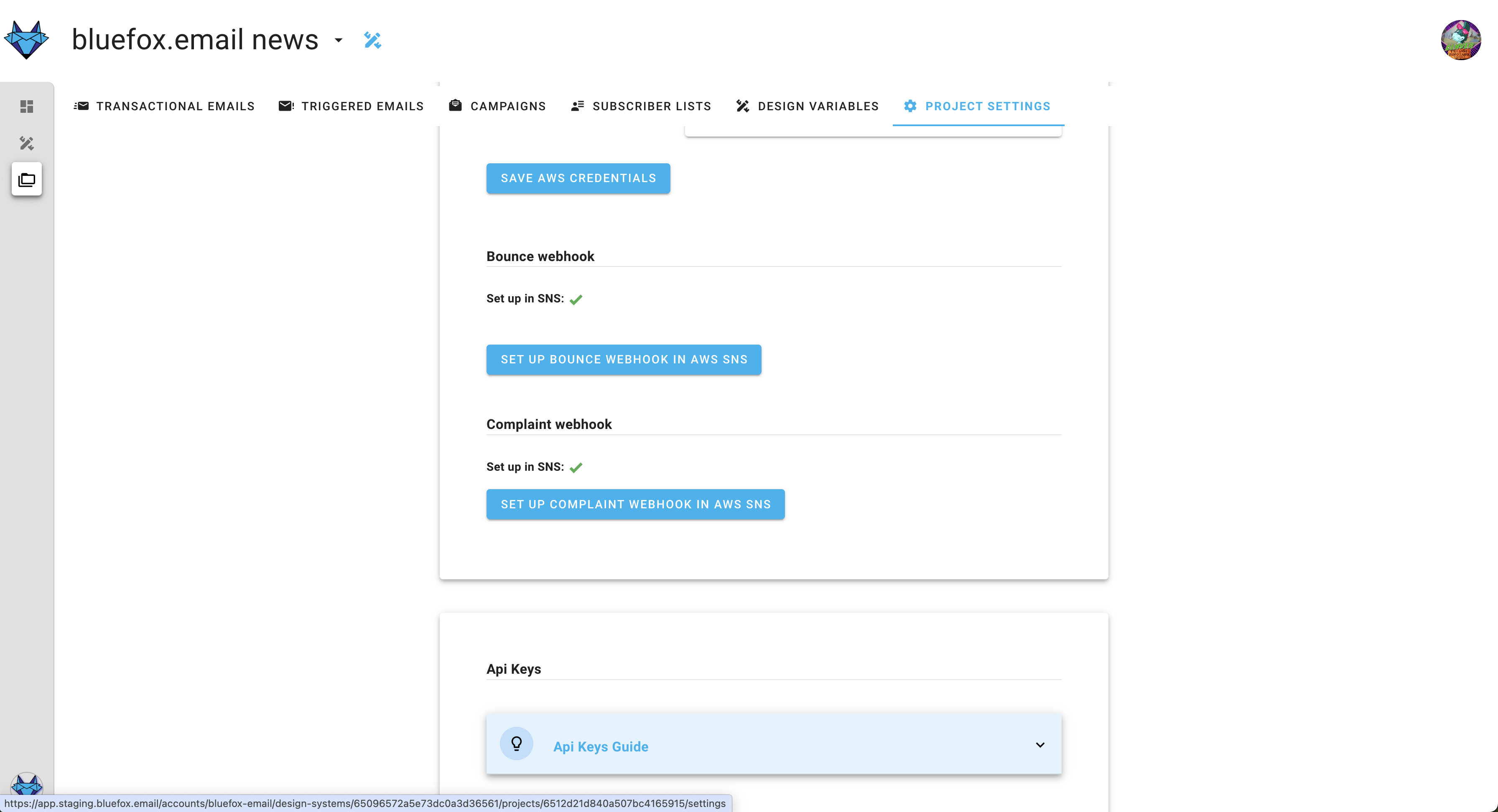 A screenshot of a project settings AWS bounce and complaints section. (Already set up.)