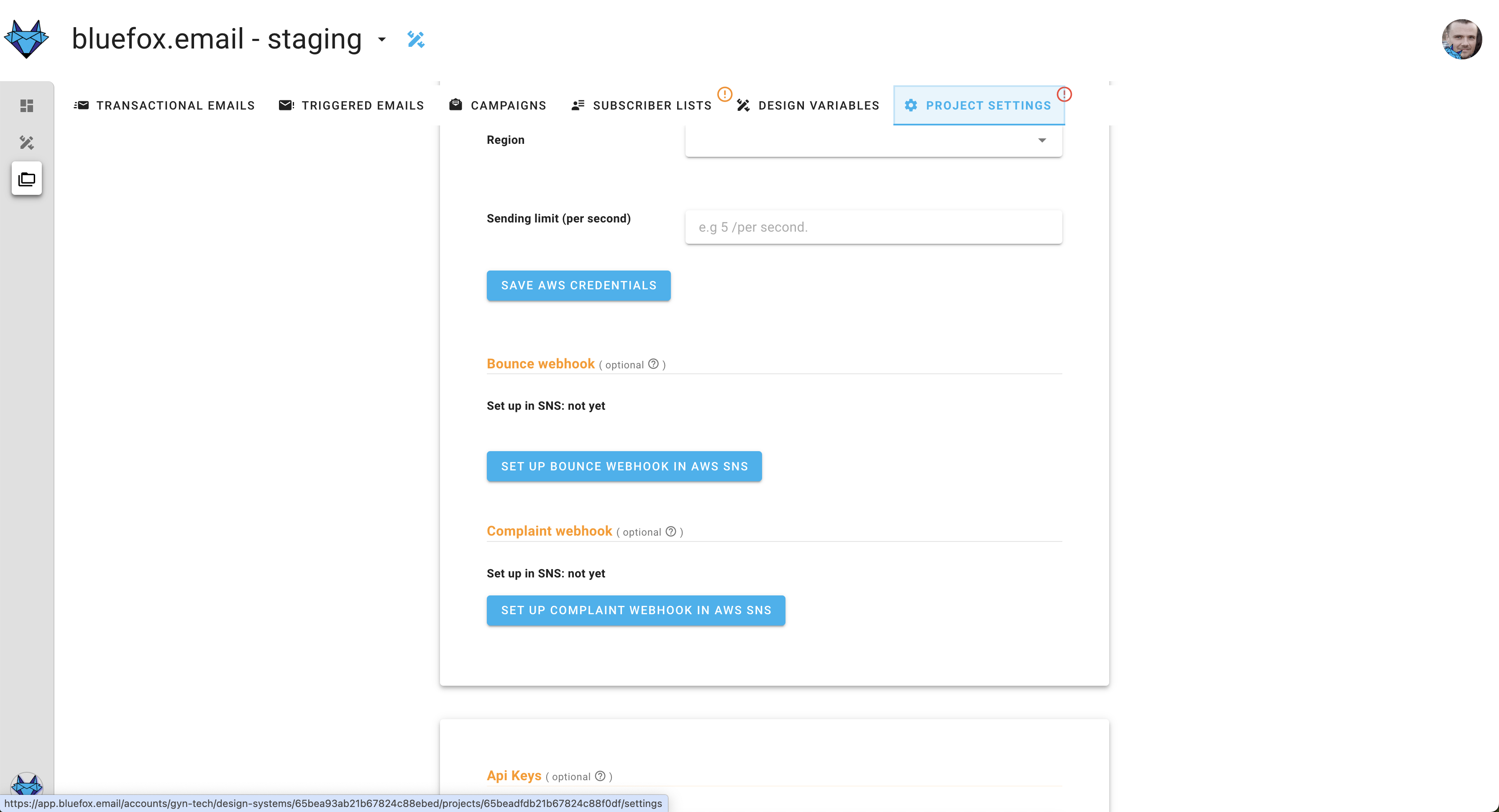 A screenshot of a project settings AWS bounce and complaints section. (Not set up.)