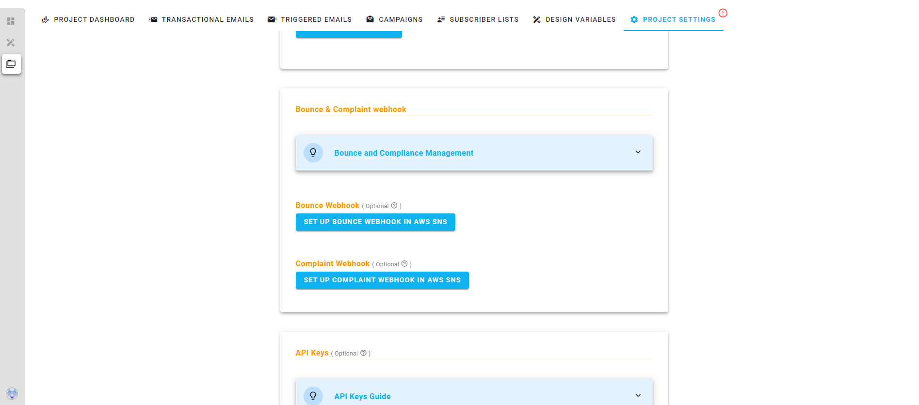 A screenshot of a project settings AWS bounce and complaints section. (Not set up.)