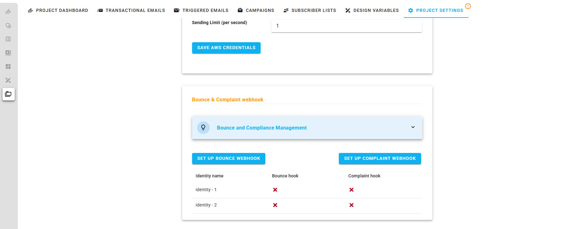 A screenshot of a project settings AWS bounce and complaints section. (Not set up.)