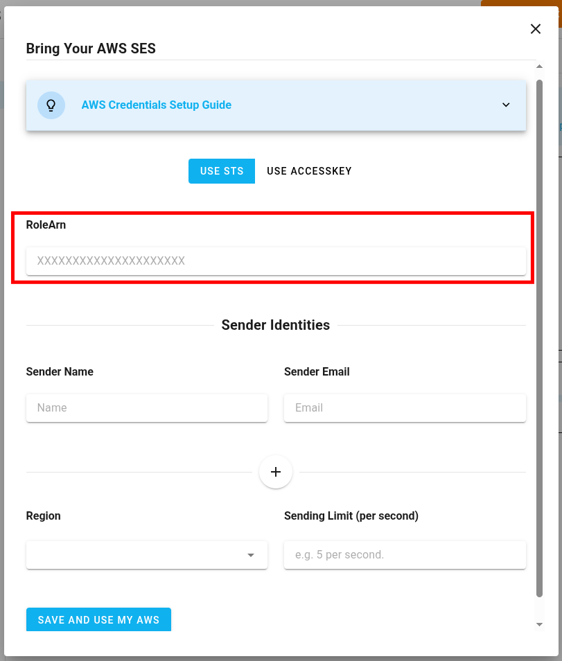 A screenshot of a project settings AWS credentials section.
