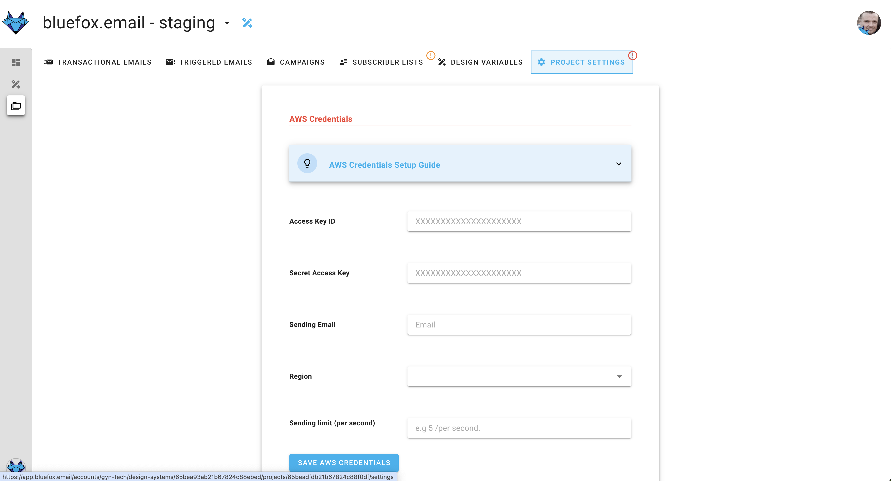 A screenshot of a project settings AWS credentials section.