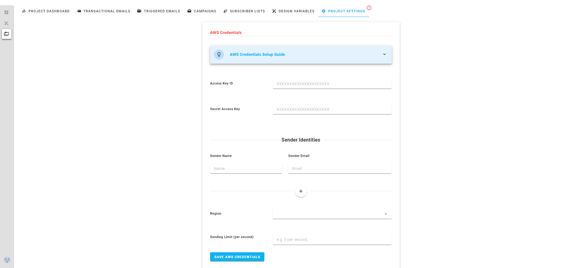 A screenshot of a project settings AWS credentials section.