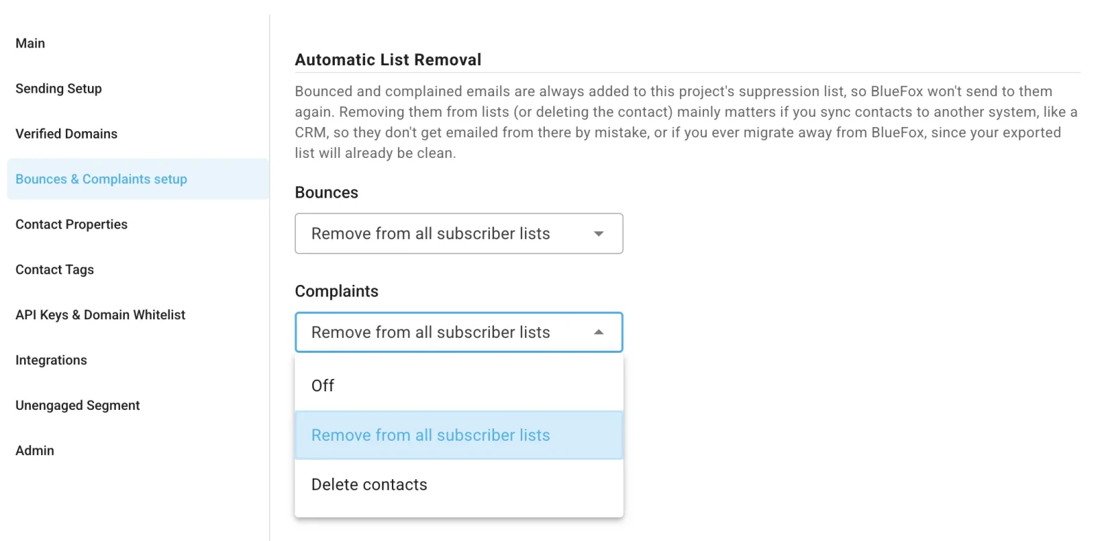 Bounces & Complaints setup, showing the automatic list removal options for bounces and complaints