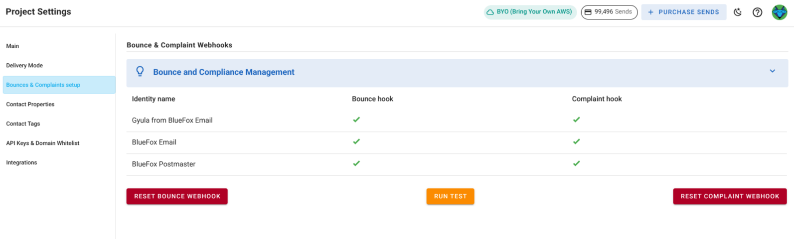 A screenshot of a project settings bounces and complaints webhooks section.