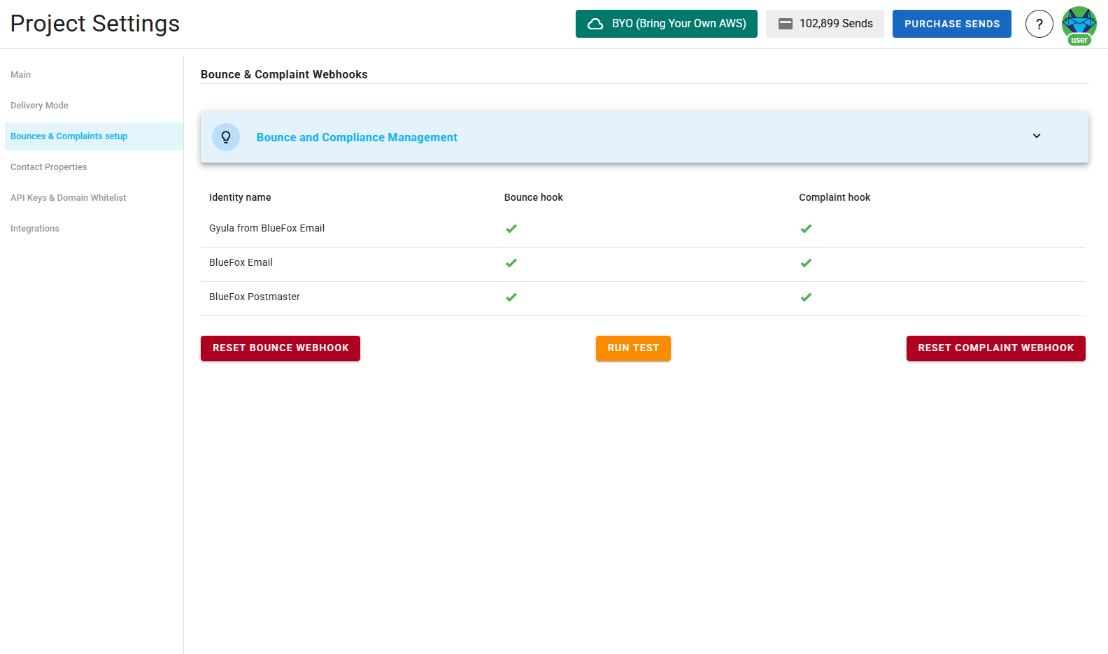 A screenshot of a project settings bounces and complaints webhooks section.