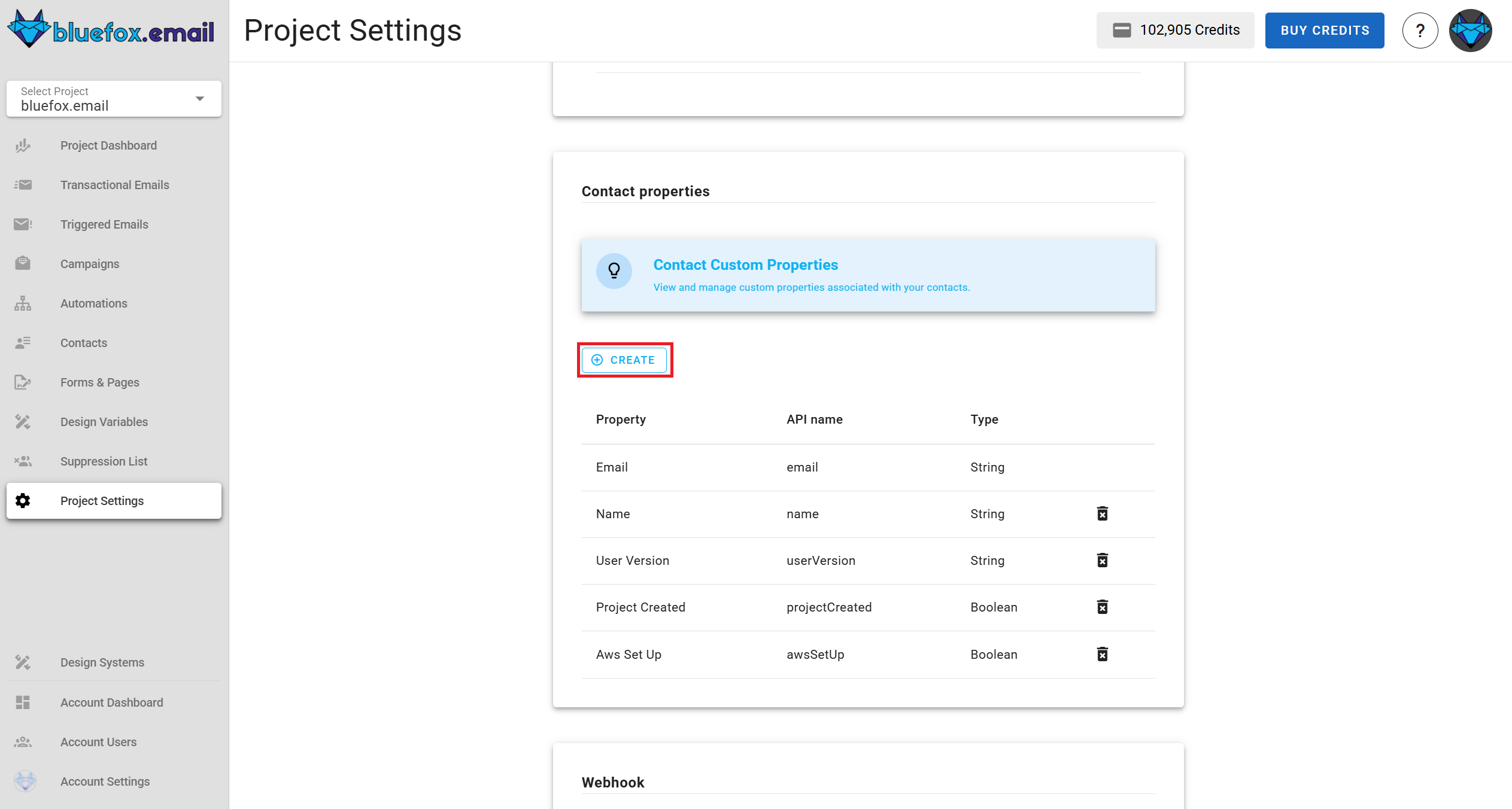 A screenshot of a project settings contact properties section create property.