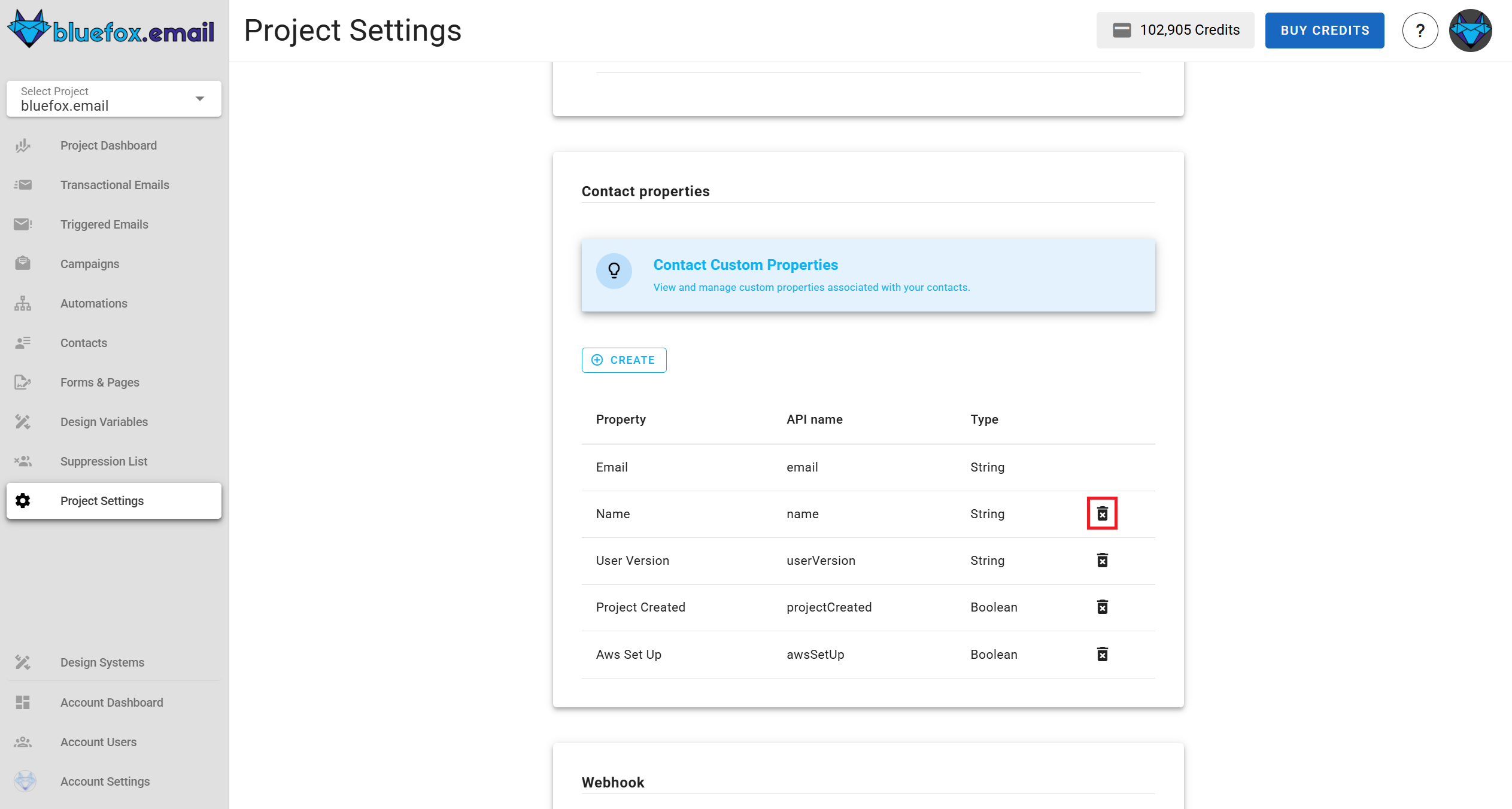 A screenshot of a project settings contact properties section delete property.