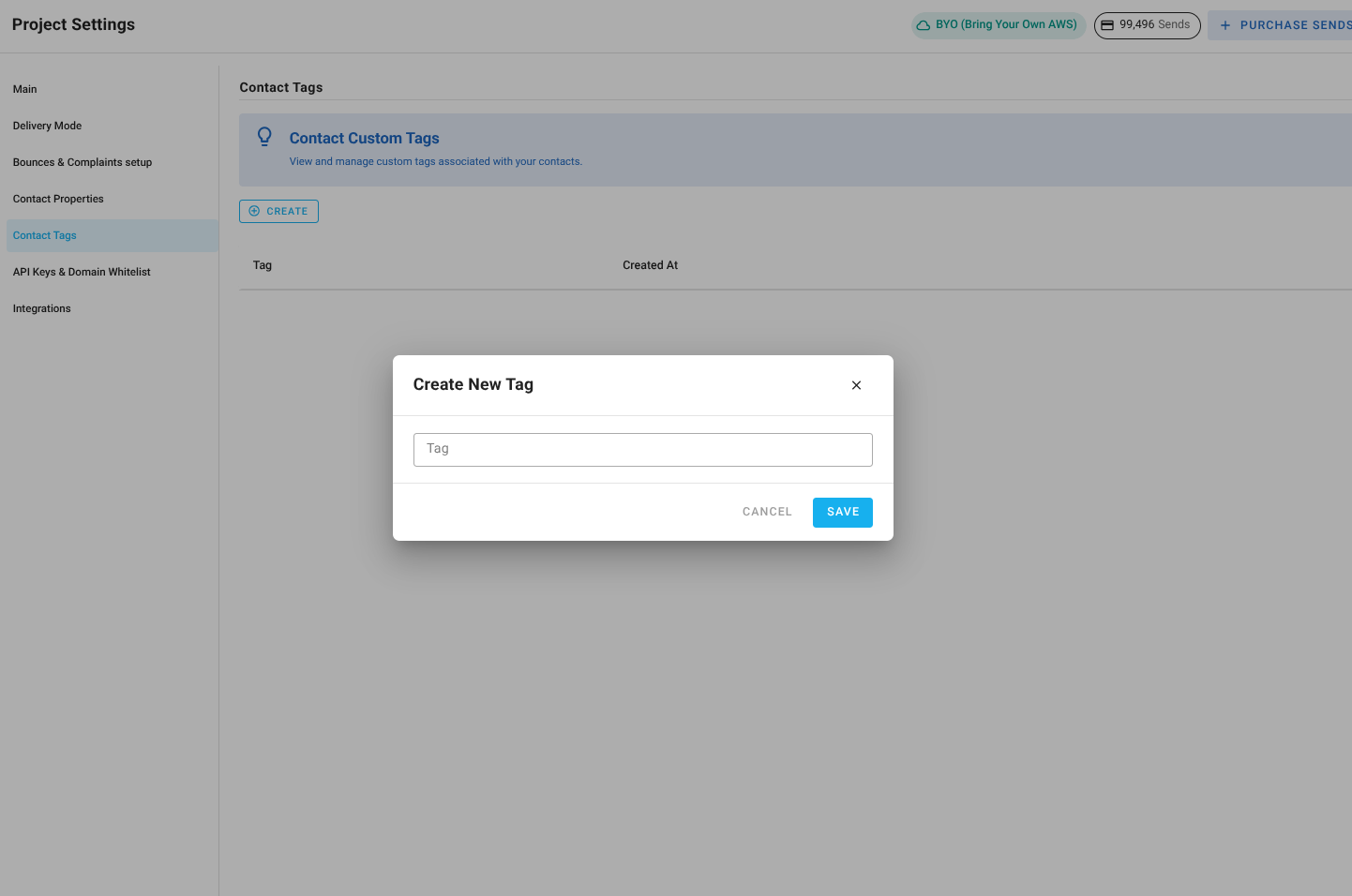 A screenshot of a project settings contact tags section create tag form.