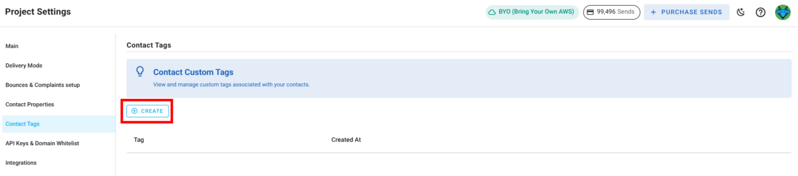A screenshot of a project settings contact tags section create tag.
