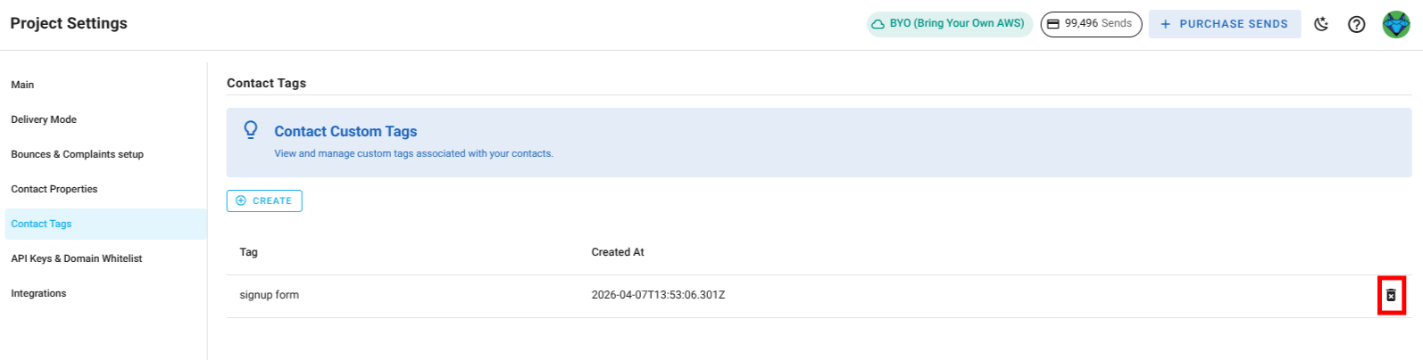 A screenshot of a project settings contact tags section delete tag.