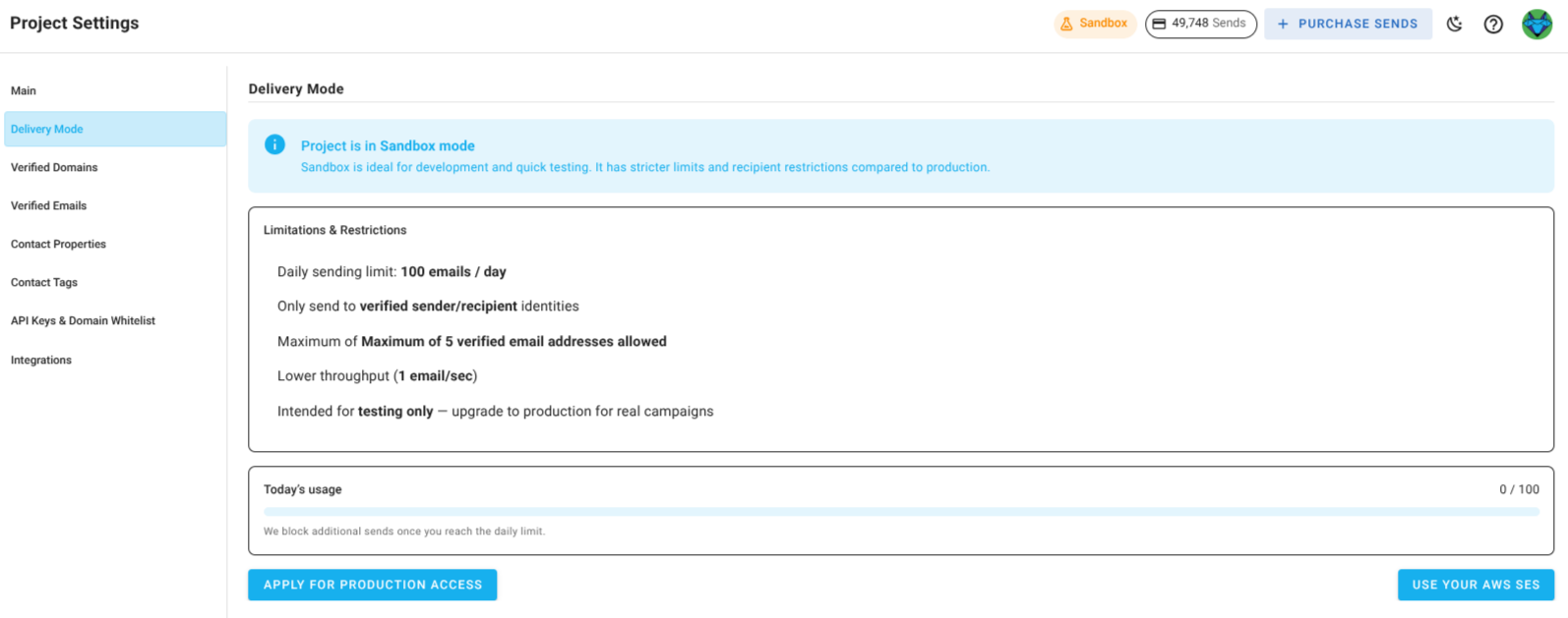 A screenshot of a project settings delivery modes section.