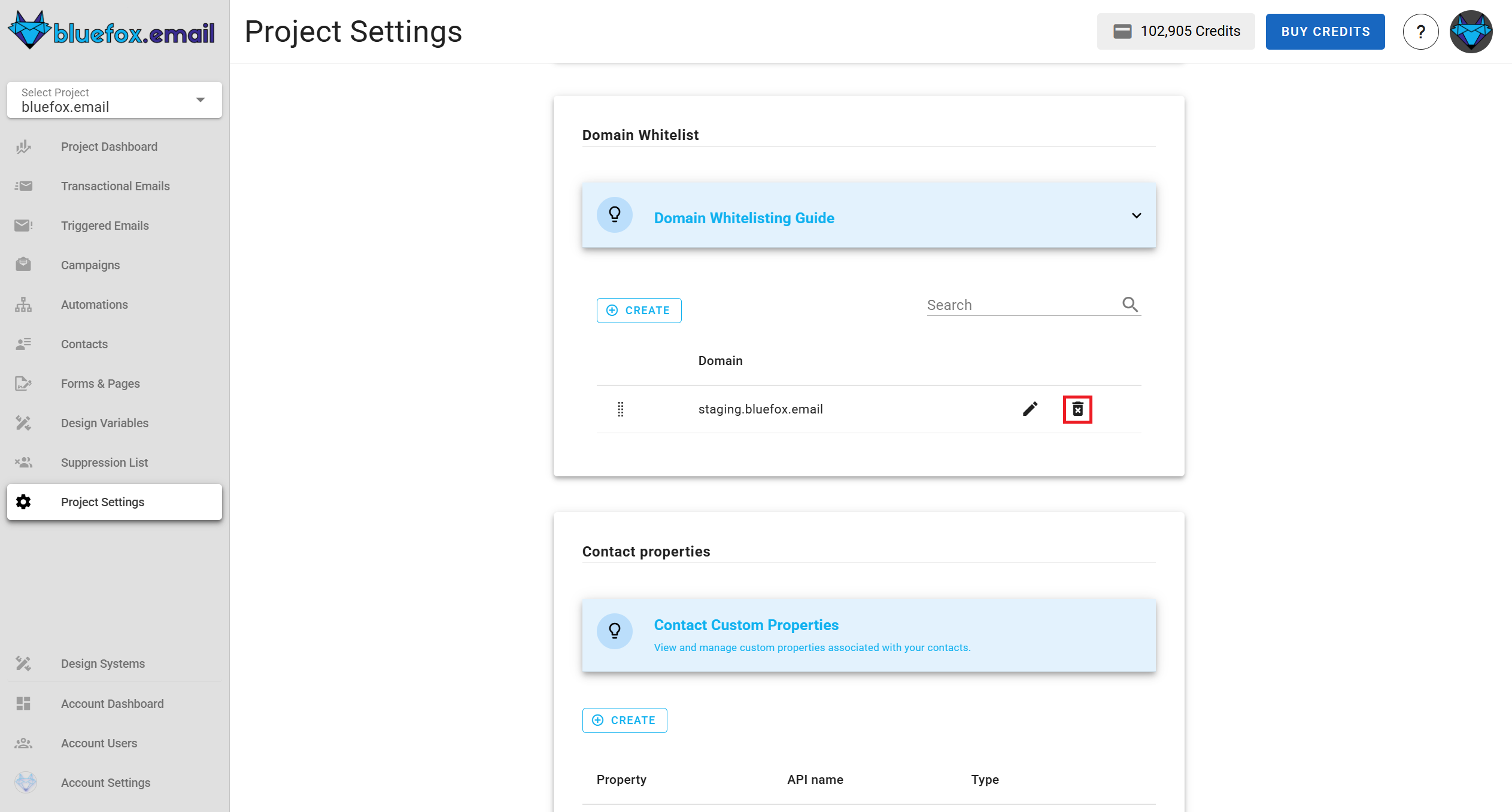 A screenshot of a project settings domain whitelist section delete domain.