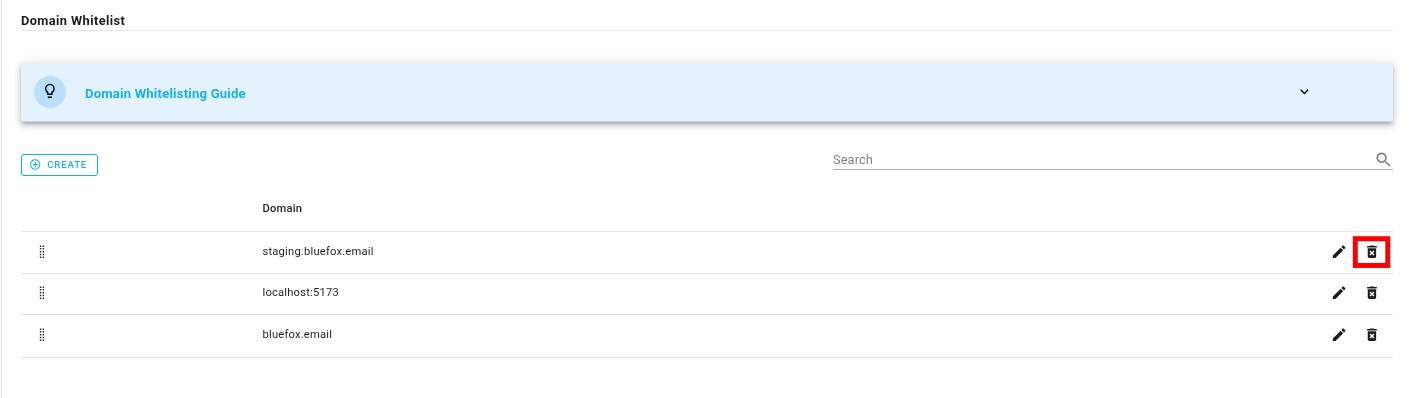 A screenshot of a project settings domain whitelist section delete domain.