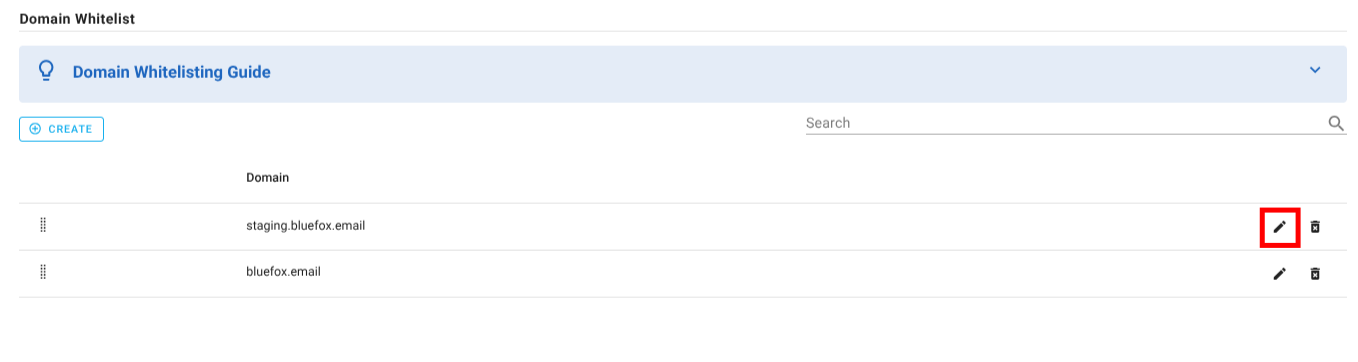 A screenshot of a project settings domain whitelist section edit domain.