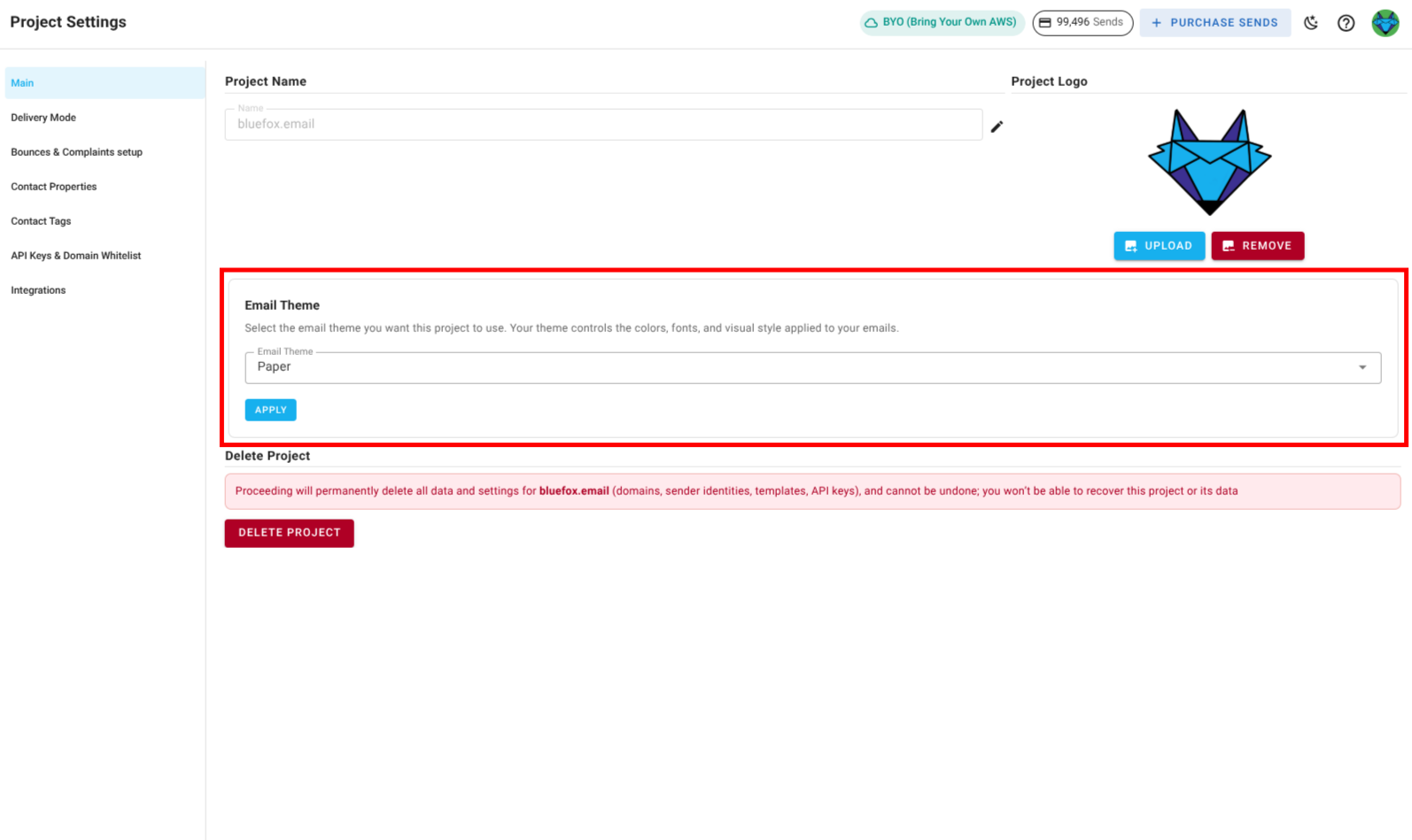 A screenshot of a project settings email theme section.