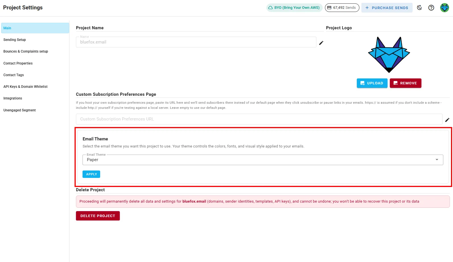 A screenshot of a project settings email theme section.