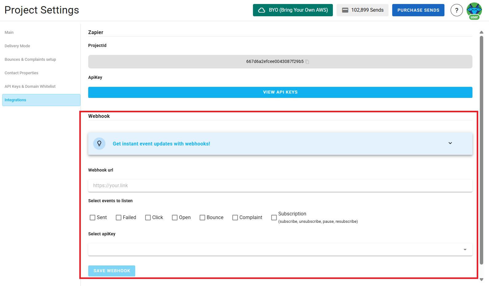 A screenshot of a project settings integrations section webhooks integration.
