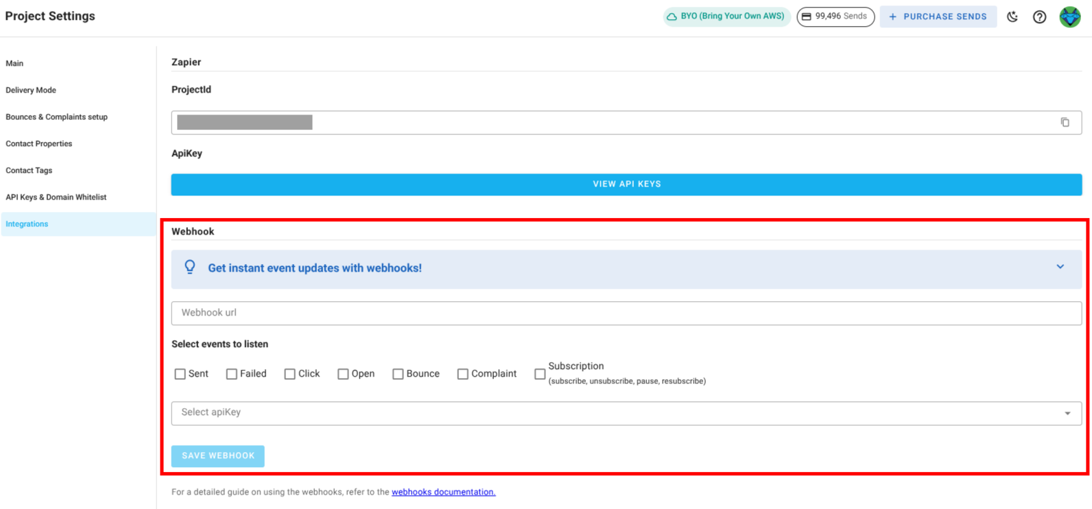A screenshot of a project settings integrations section webhooks integration.