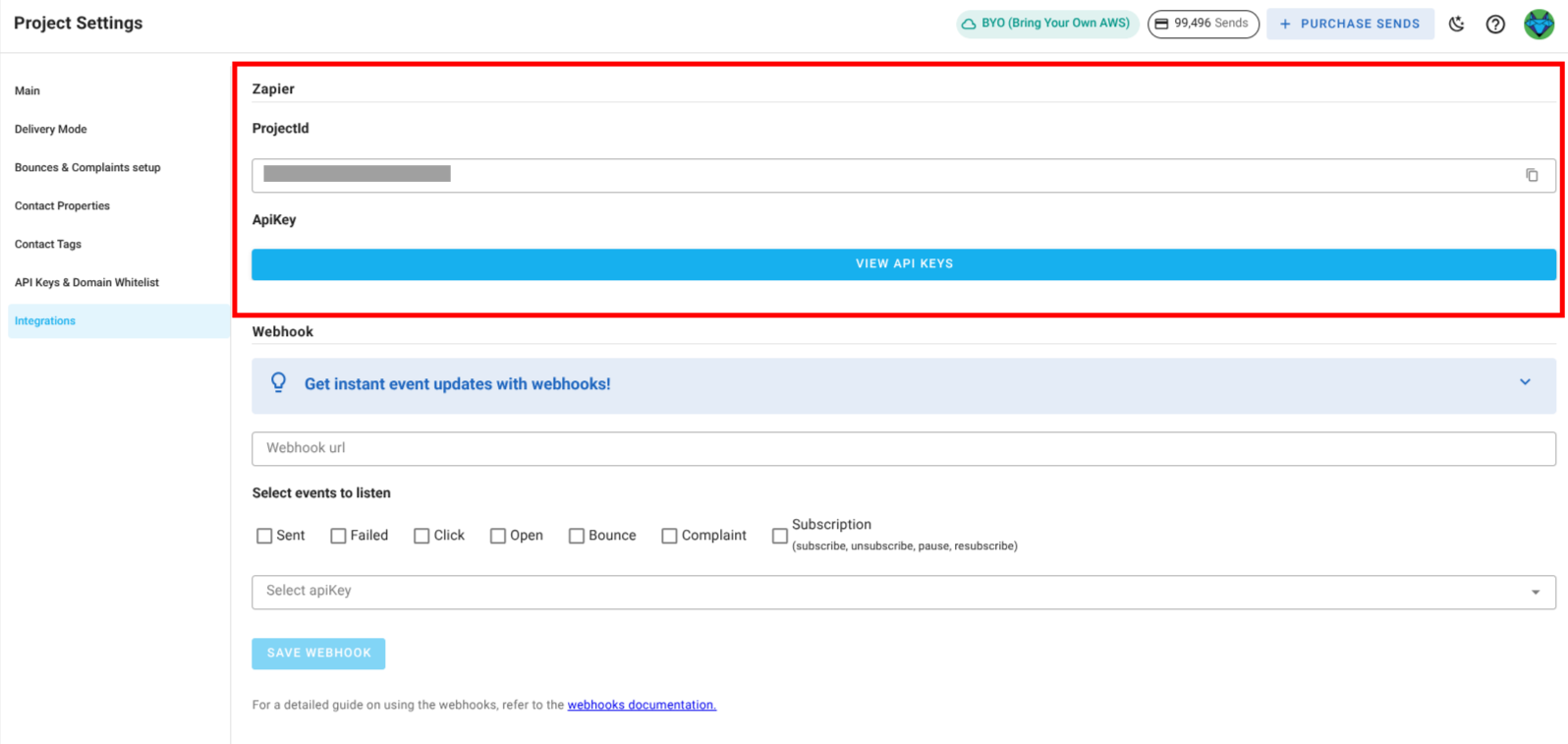 A screenshot of a project settings integrations section Zapier integration.