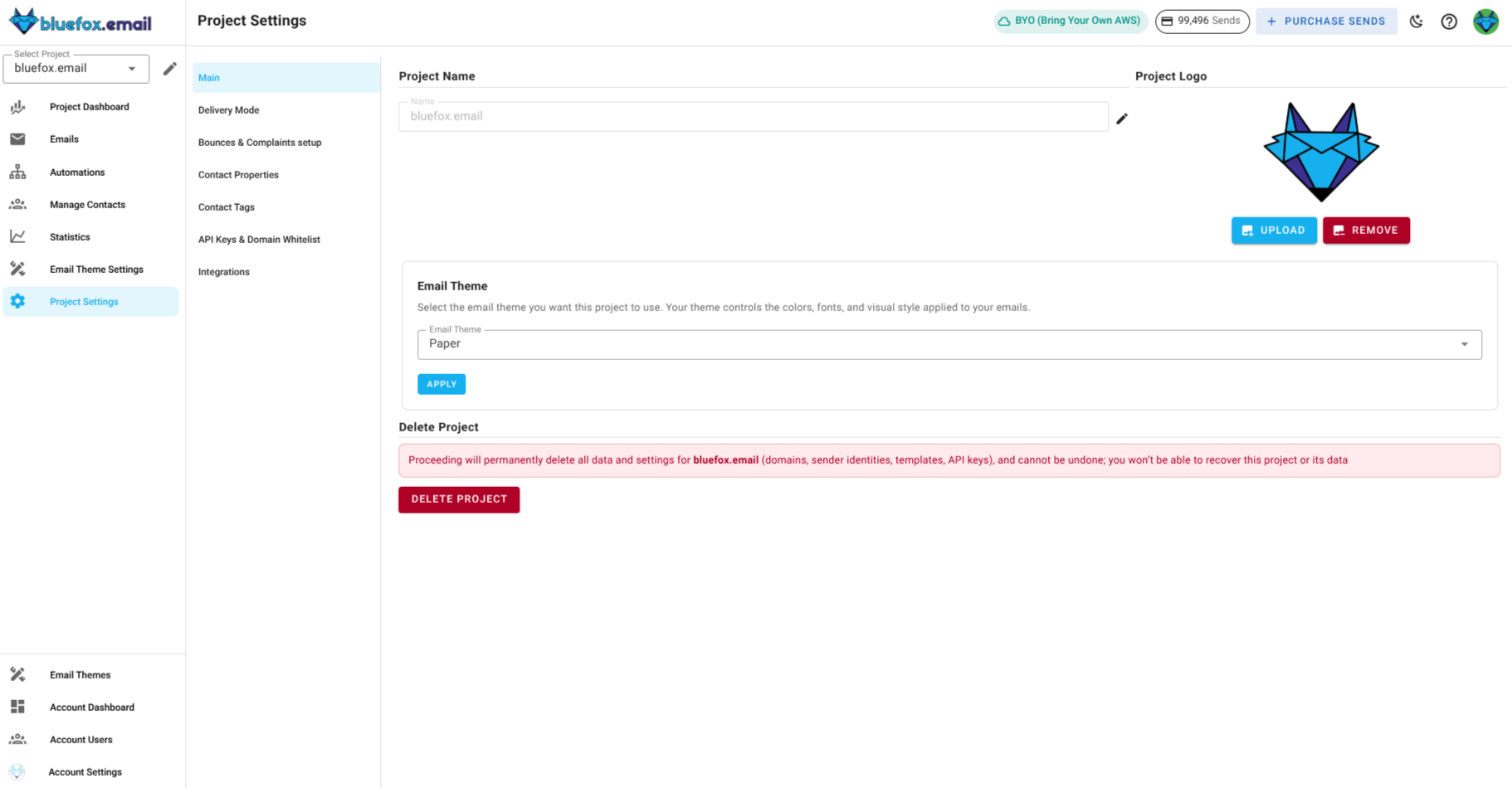 A screenshot of a project settings main page.