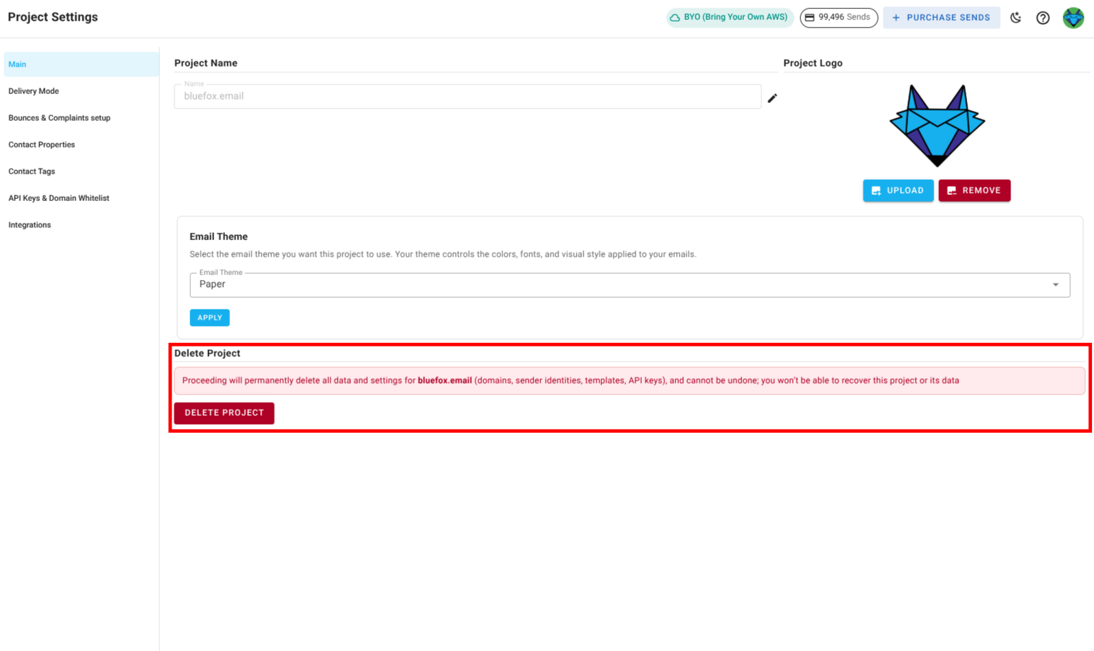 A screenshot of a project settings main settings section - project name and delete project button highlighted.