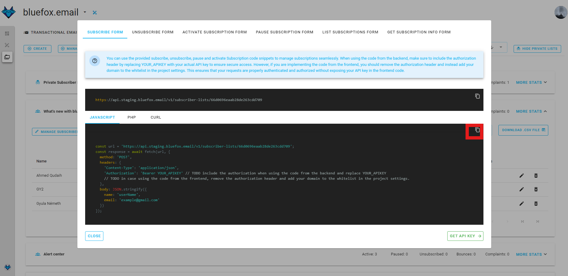 Screenshot of the subscriber lists page - code guide dialog