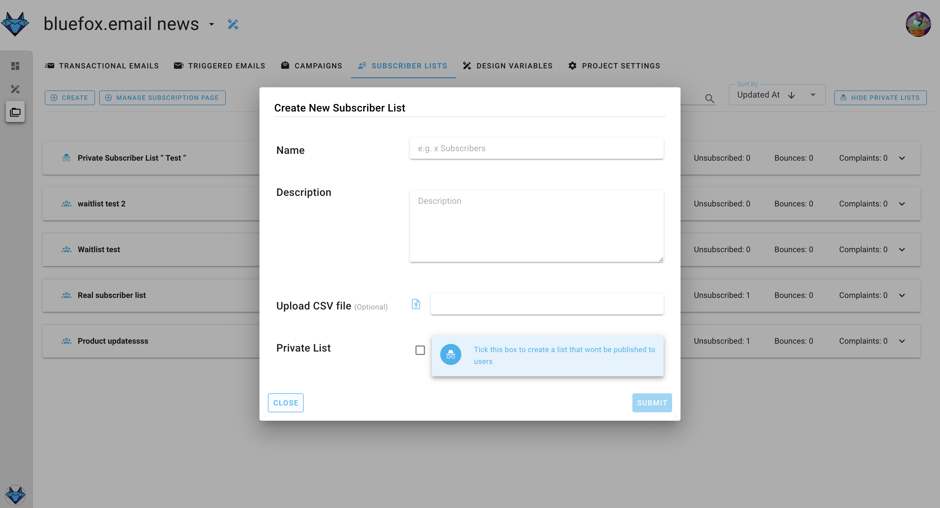 Screenshot of the subscriber lists page - create dialog