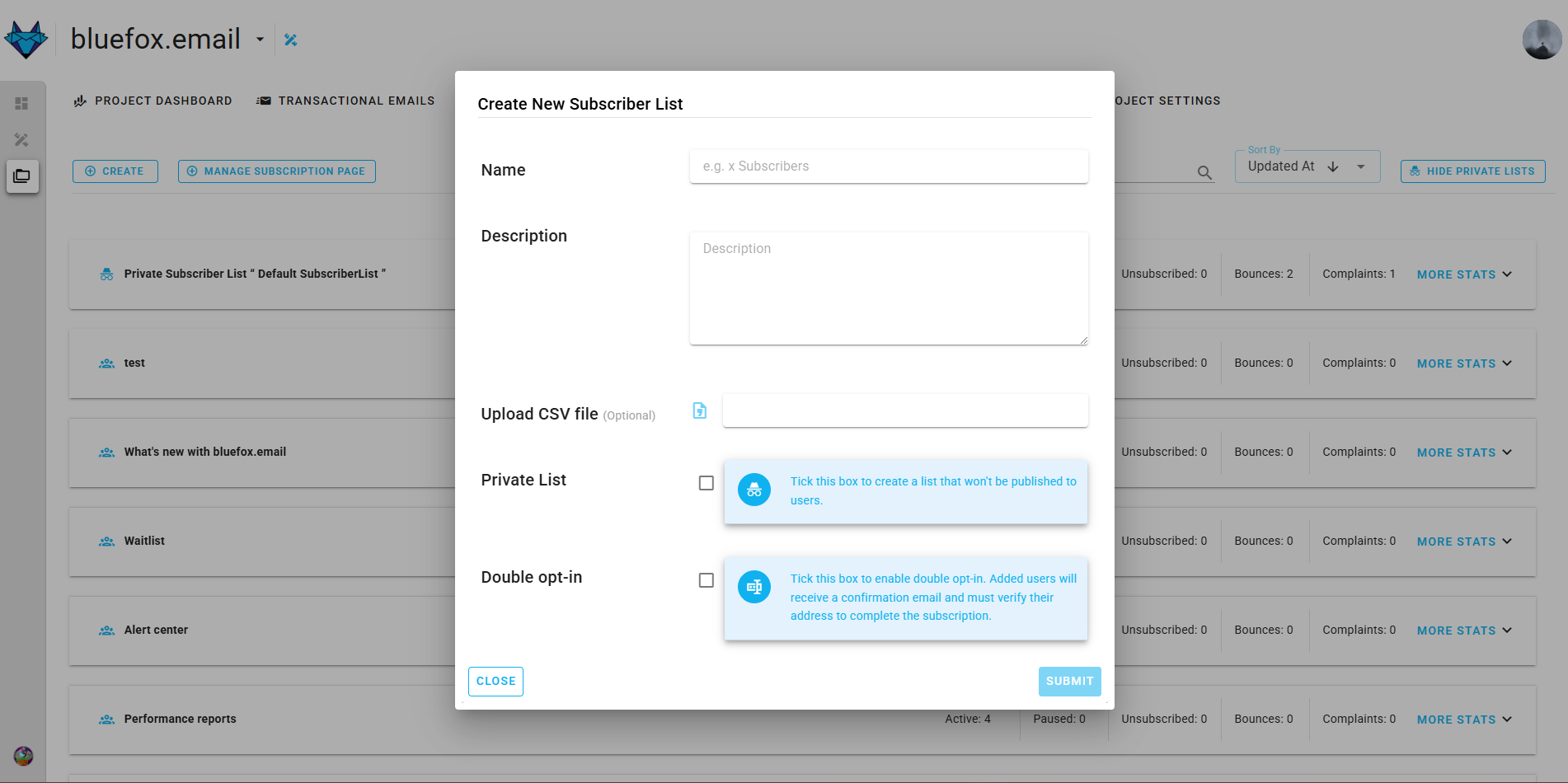 Screenshot of the subscriber lists page - create dialog