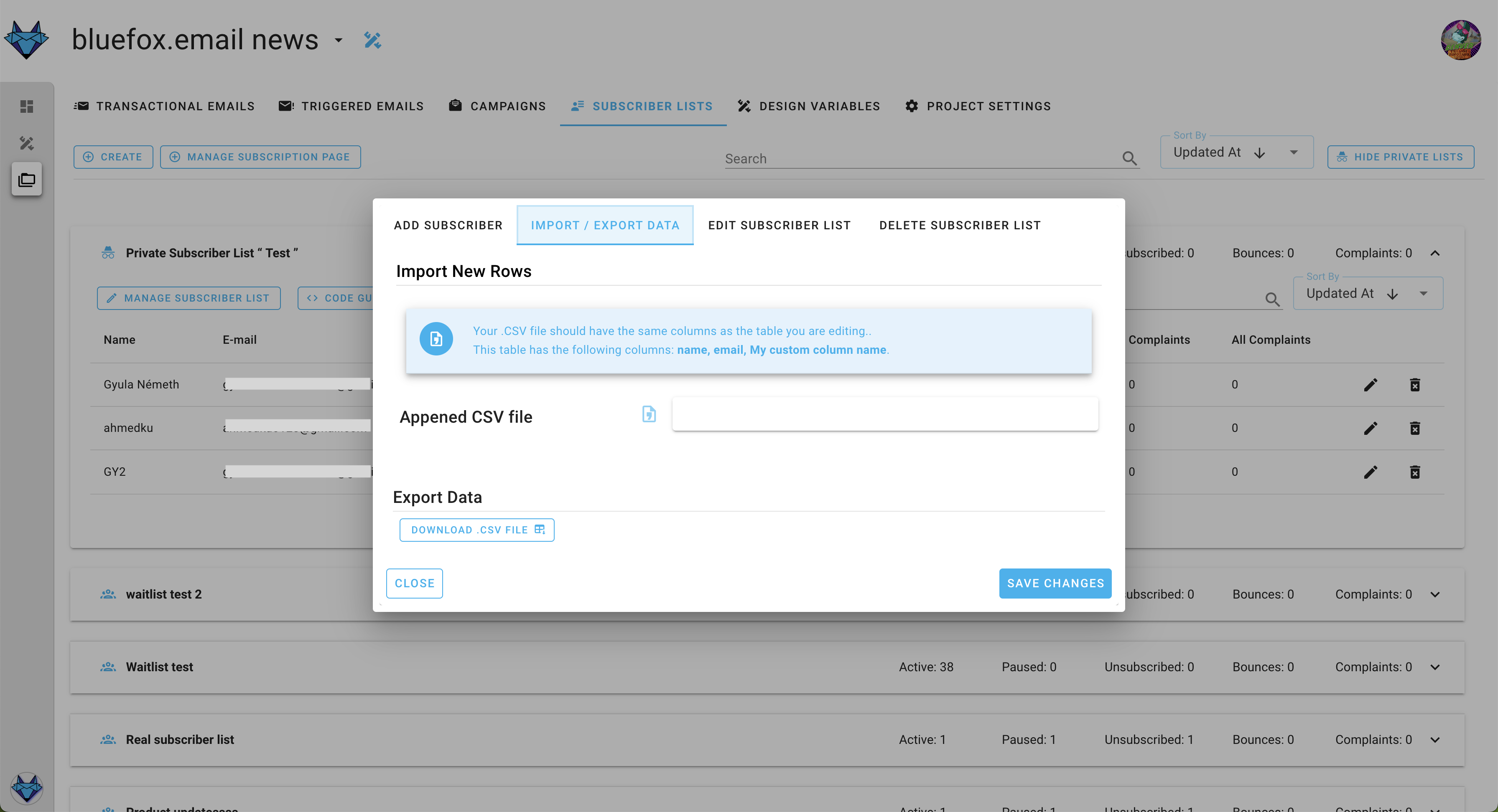 Screenshot of the subscriber lists page - import or export CSV