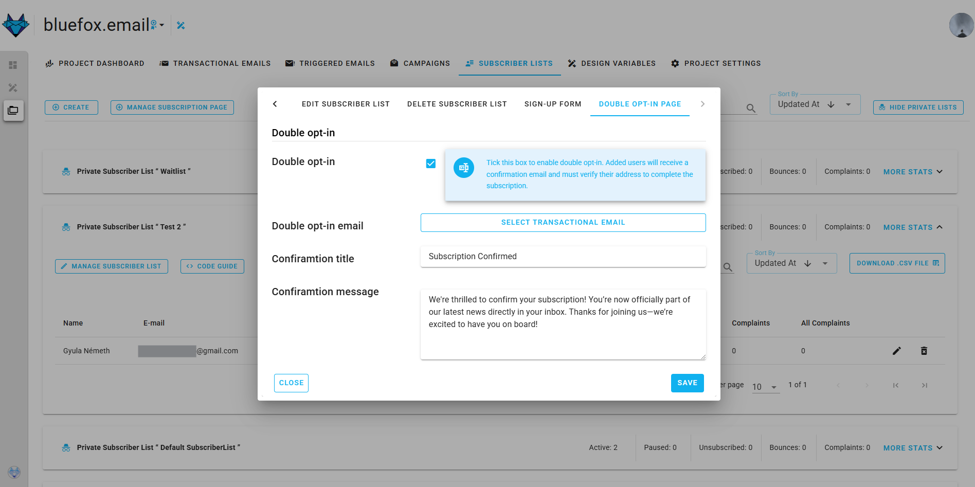 Screenshot of the subscriber lists manage active double opt-in page