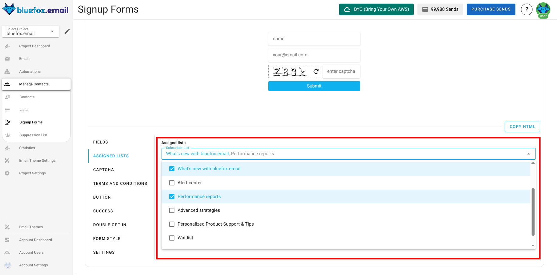 Screenshot of the subscriber lists sign-up page assigned lists section