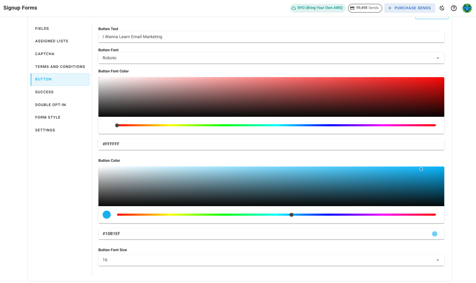 Screenshot of the subscriber lists sign-up page button section