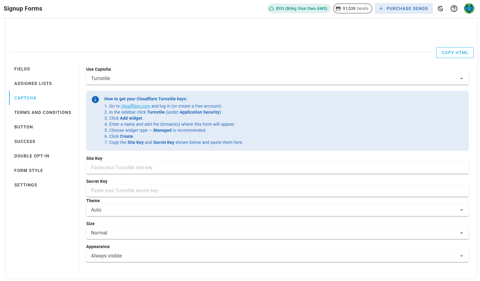 Screenshot of the subscriber lists sign-up page Turnstile captcha settings