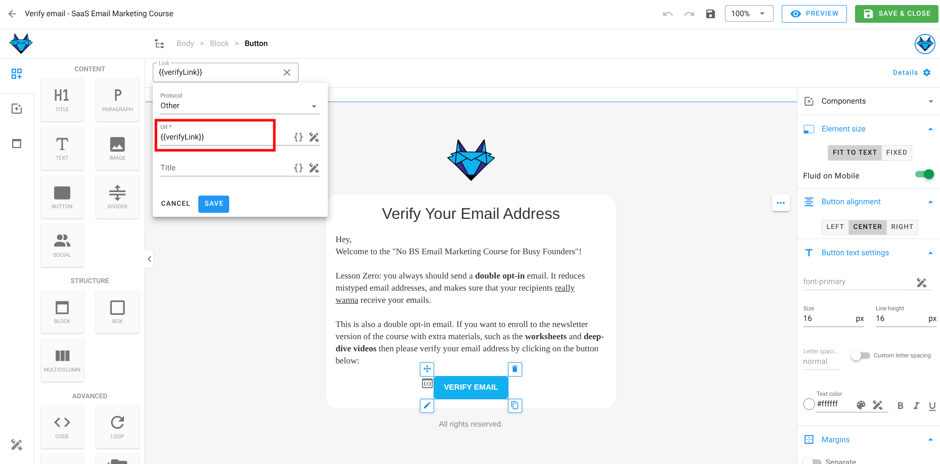 Screenshot of the subscriber lists sign-up page double opt-in transactional email with verify link section