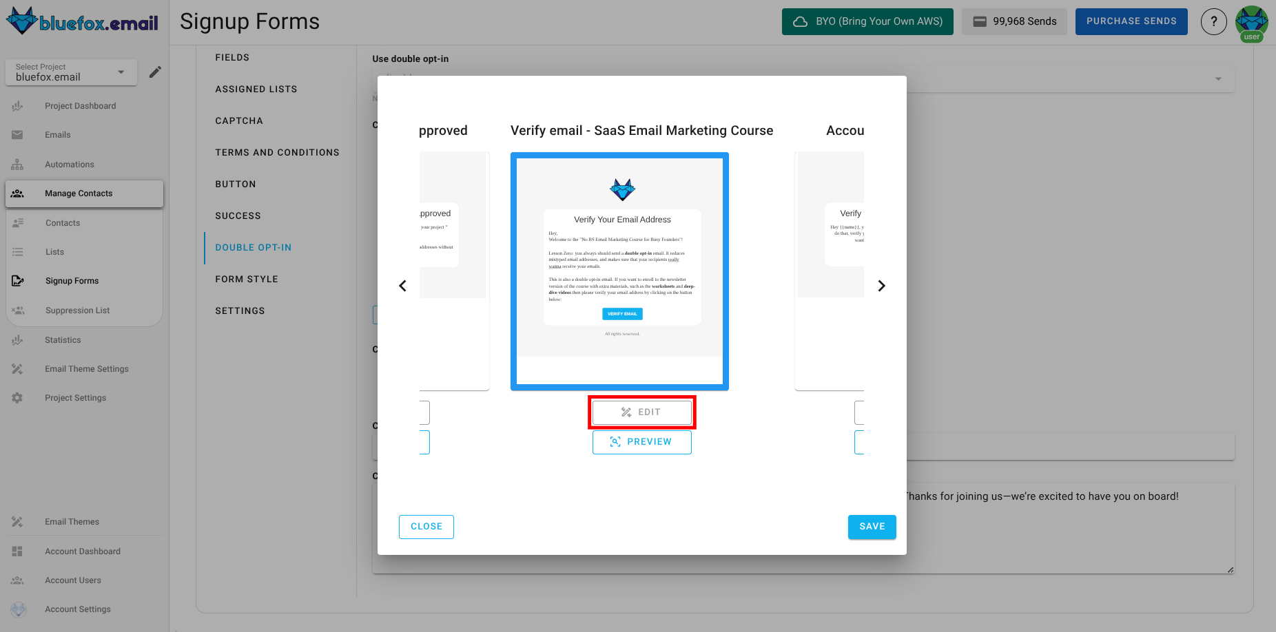 Screenshot of the transactional email editor with verify link merge tag