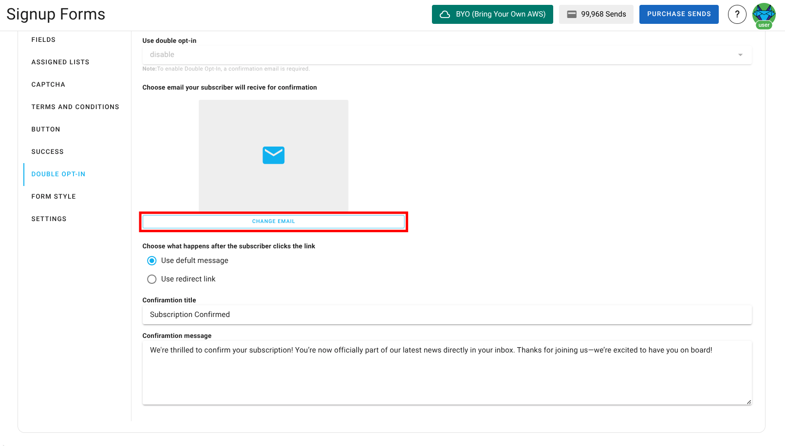 Screenshot of the subscriber lists sign-up page double opt-in transactional email section