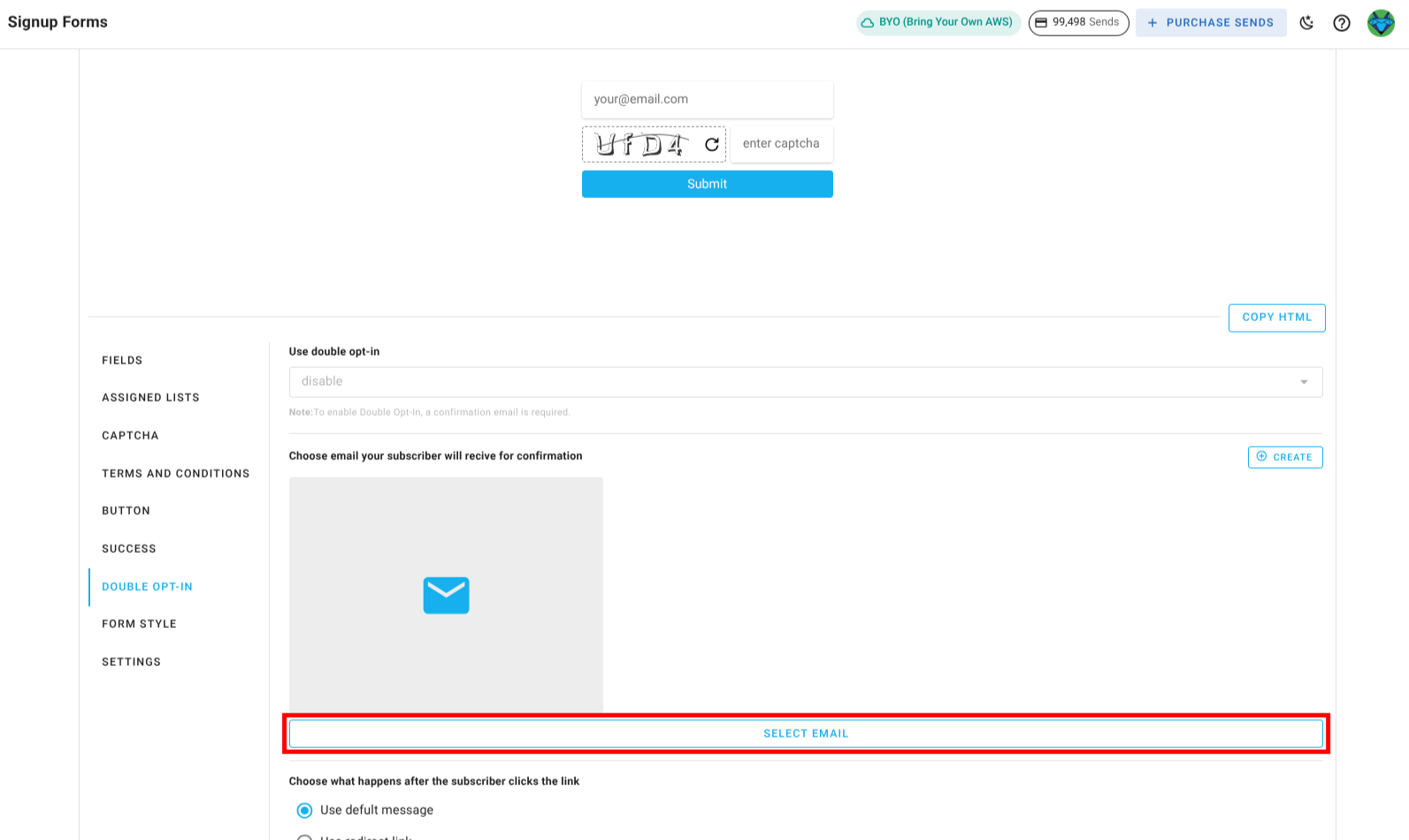 Screenshot of the subscriber lists sign-up page double opt-in transactional email section