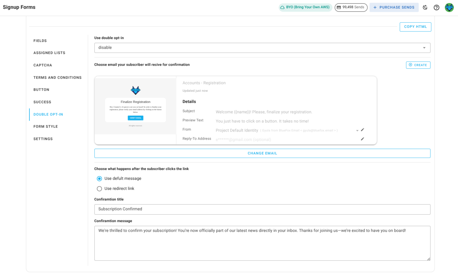 Screenshot of the subscriber lists sign-up page double opt-in section