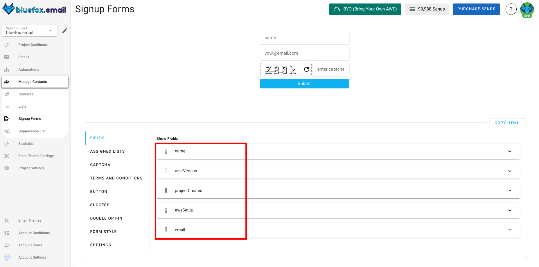 Screenshot of the subscriber lists sign-up page fields section drag and drop